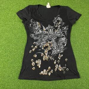 Vintage Y2K Ritual Black Cross Wing Gothic Grunge V Neck T-Shirt Sz XL